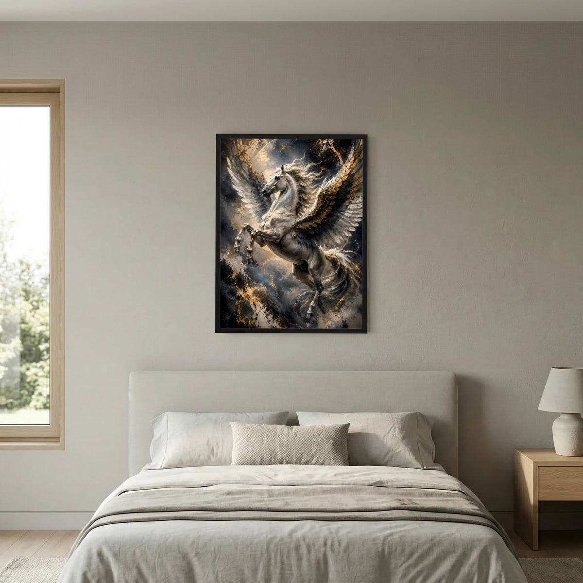 Poster mit Pegasus in dunklem Stil, gold schimmernde Flügel, schwarzer Rahmen