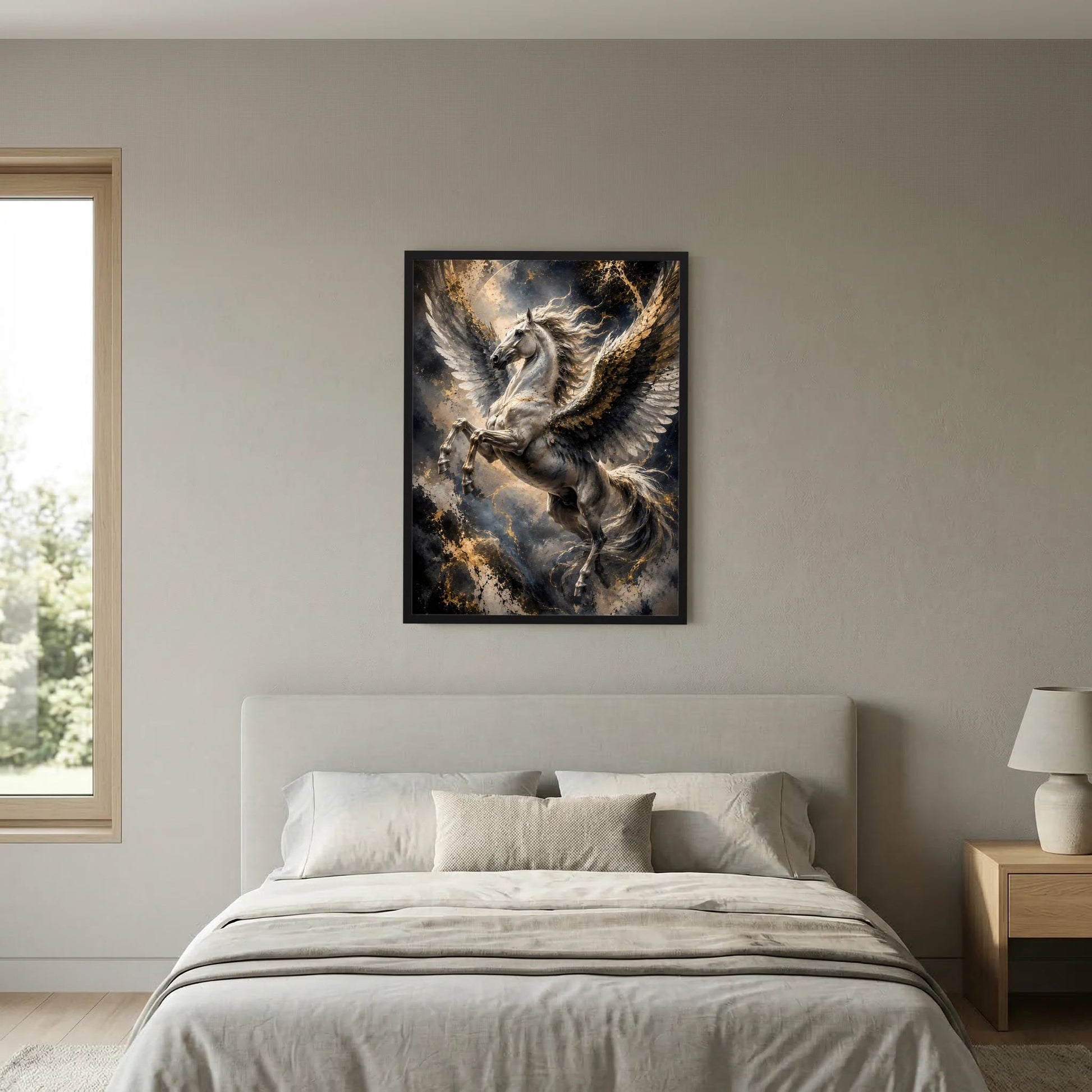 Poster mit Pegasus in dunklem Stil, gold schimmernde Flügel, schwarzer Rahmen