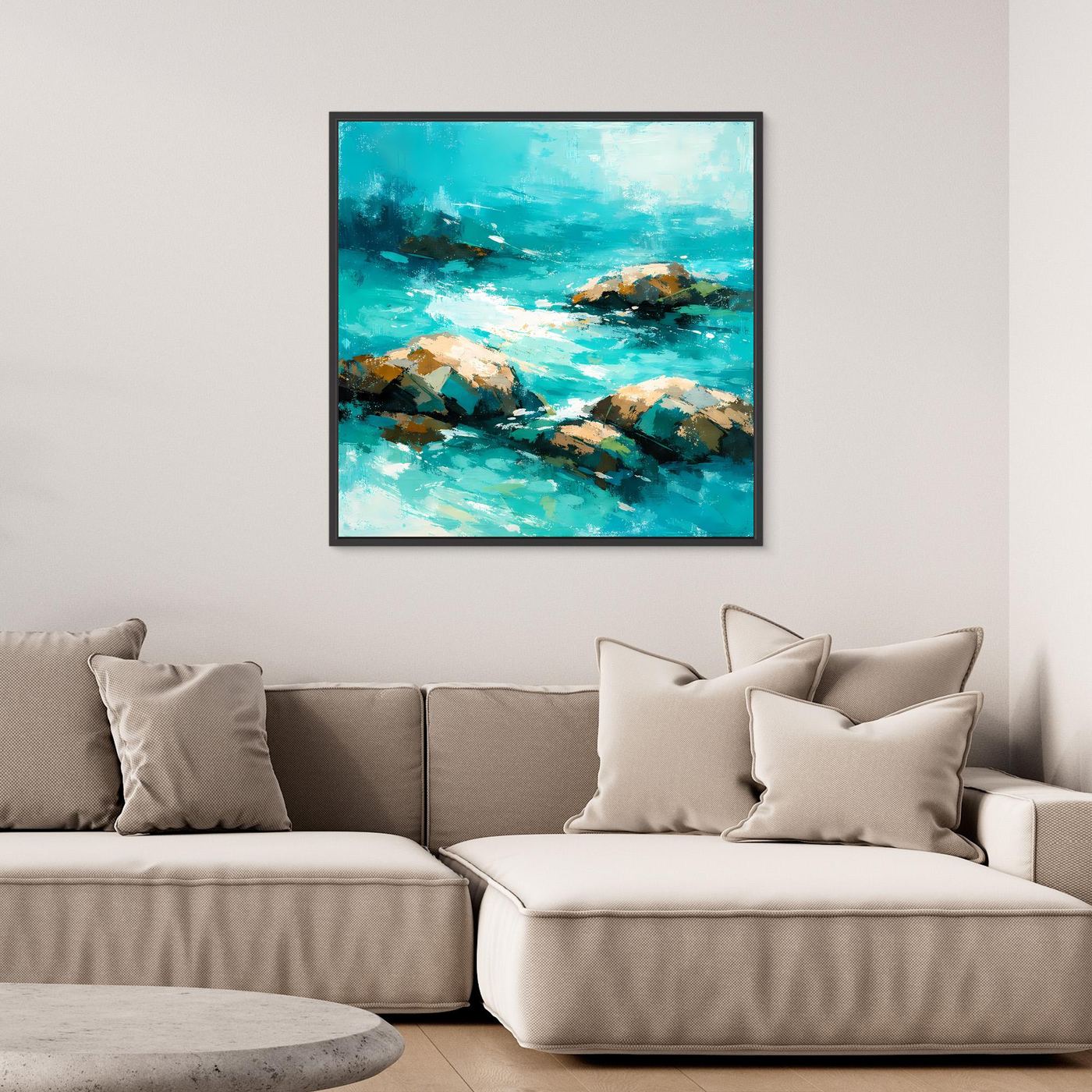 Leinwand Abstrakte Meereslandschaft mit Felsen | Modernes Küsten Wandbild Türkis