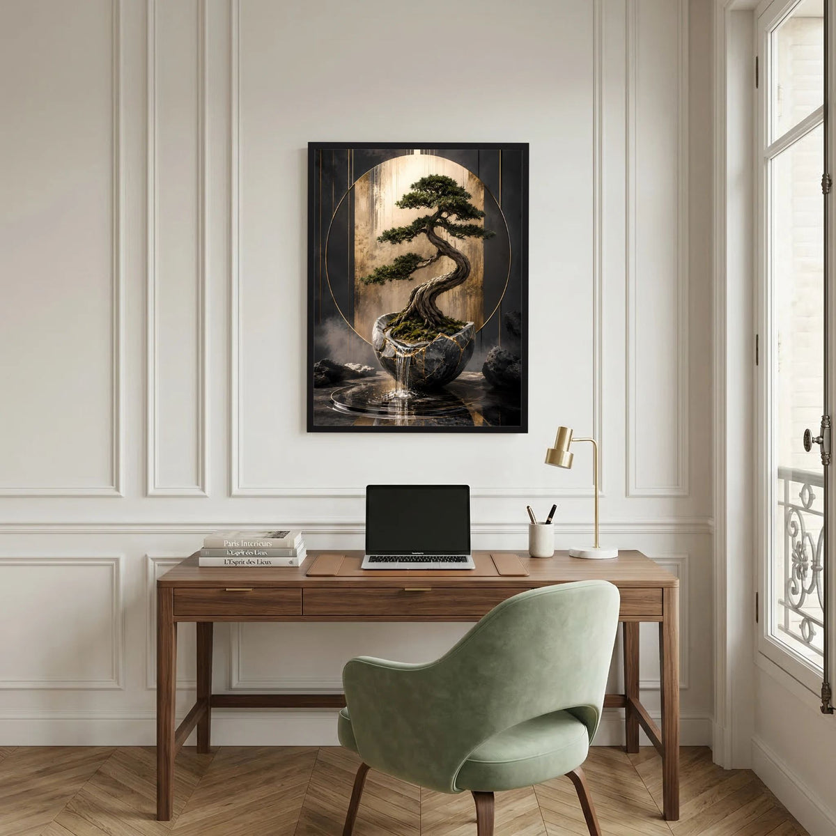 Gerahmtes Wandposter mit Zen-Bonsai: grüner Baum, Keramikgefäß, goldener Kreis