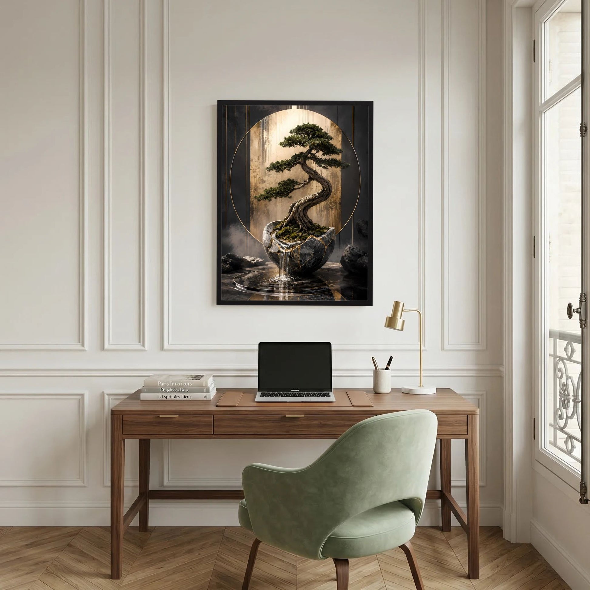 Gerahmtes Wandposter mit Zen-Bonsai: grüner Baum, Keramikgefäß, goldener Kreis