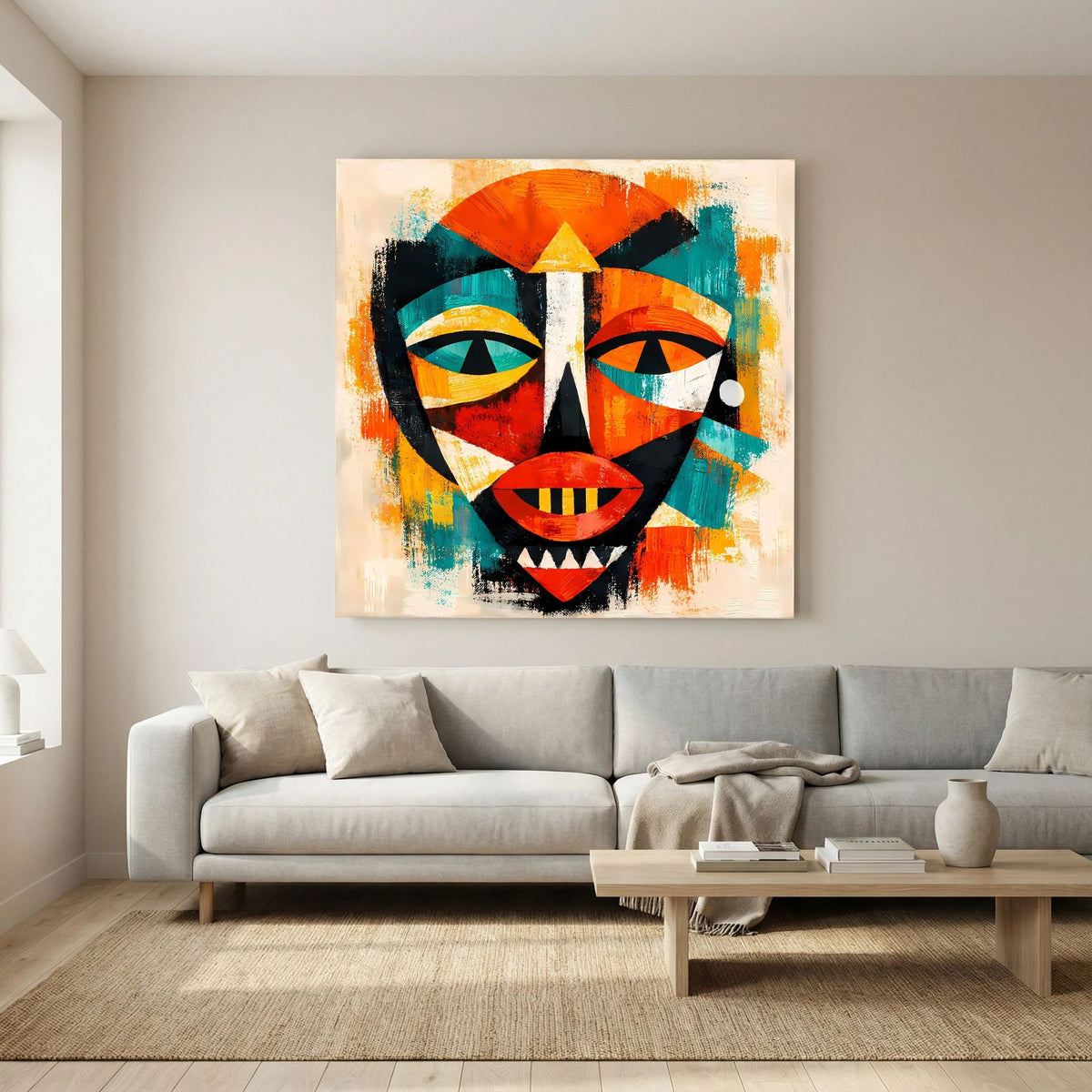 Leinwandbild mit afrikanischer Maske, orangefarbene Krone, türkis-schwarzer Hintergrund