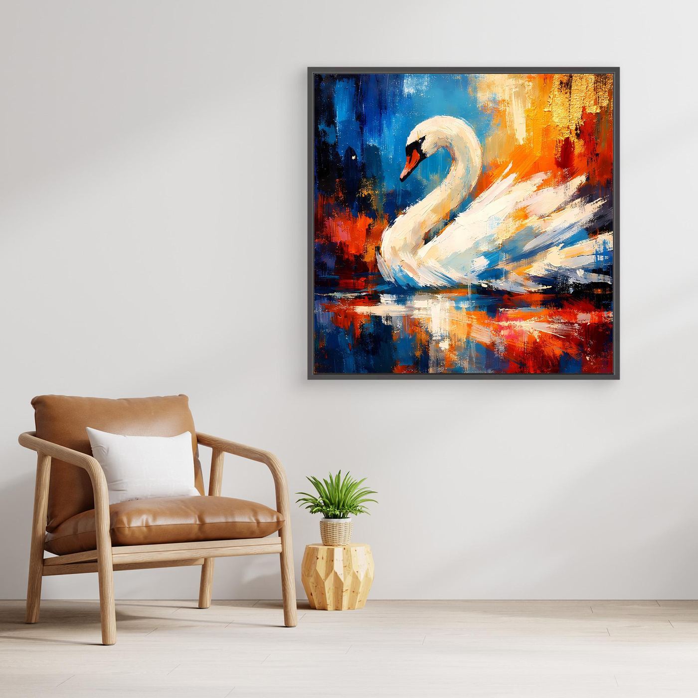 Leinwandbild mit weißem Schwan im abstrakten Blau-Orange-Motiv, goldbraun gerahmt
