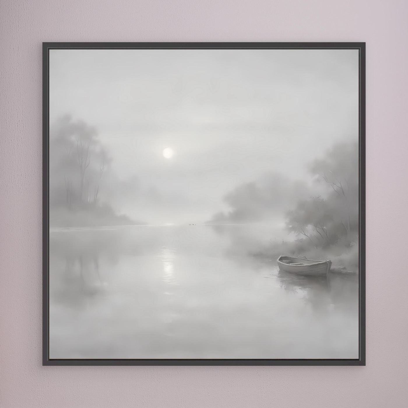 Leinwandbild mit grauem Nebel-Fluss und Boot, schwarzer Rahmen, quadratisch
