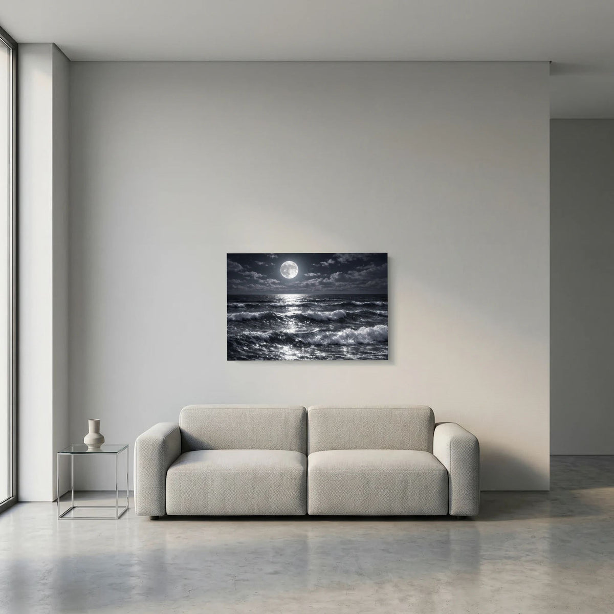 Wandbild mit Mond über See und schäumenden Wellen, Querformat, kleiner Aufhängung über Sofa