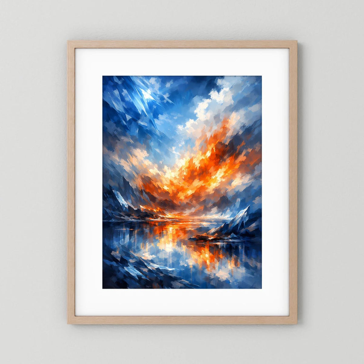 Hochformat-Poster mit abstrakter Landschaft in Blau und Orange, im hellen Holzrahmen mit weißem Rand.