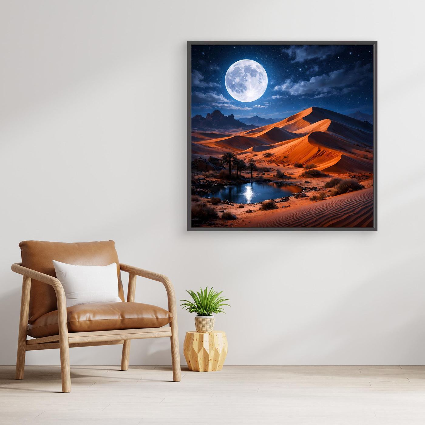 Leinwand-Wandbild mit schwarzem Rahmen: Sanddünen, Oase und Mond am Himmel