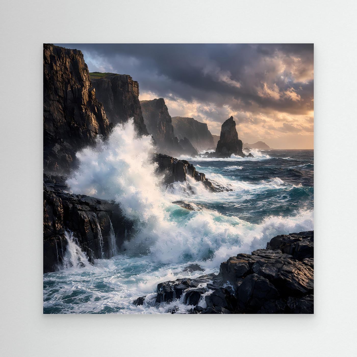 Leinwandbild Steilküste mit tosenden Wellen und Felsen, ohne sichtbaren Rahmen