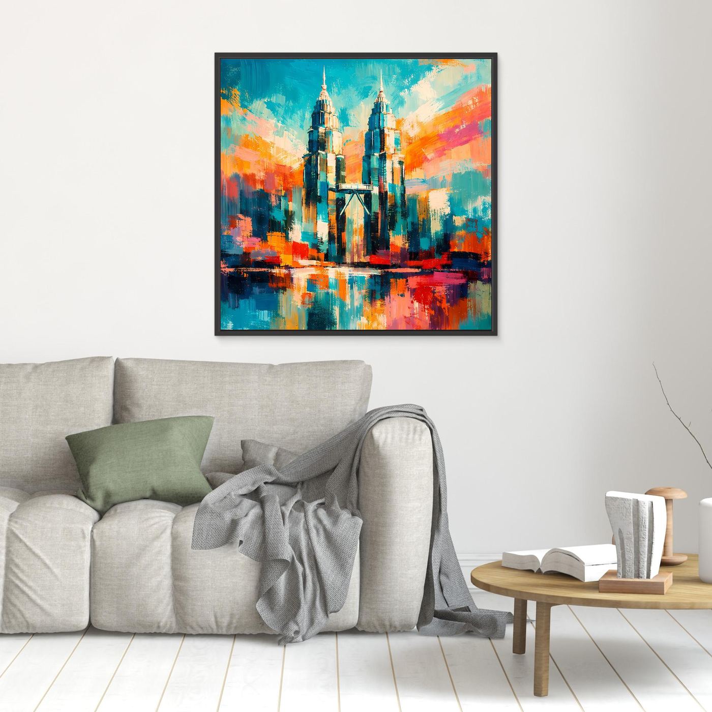 Leinwand-Wandbild mit farbigem abstraktem Türmepaar und Spiegelung, schwarzer Rahmen