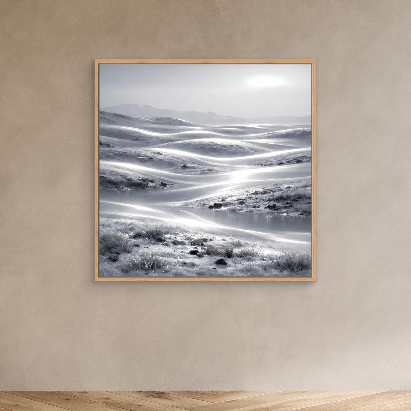 Leinwandbild Winterlandschaft mit Eichenrahmen, kleines Bild mit winterlicher Weite