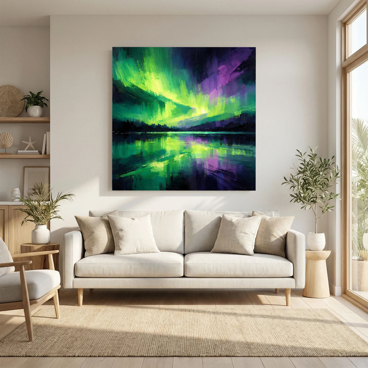 Leinwand-Wandbild: grelle Nordlichtbögen in Grün und Lila über dunklem Wasserspiegel