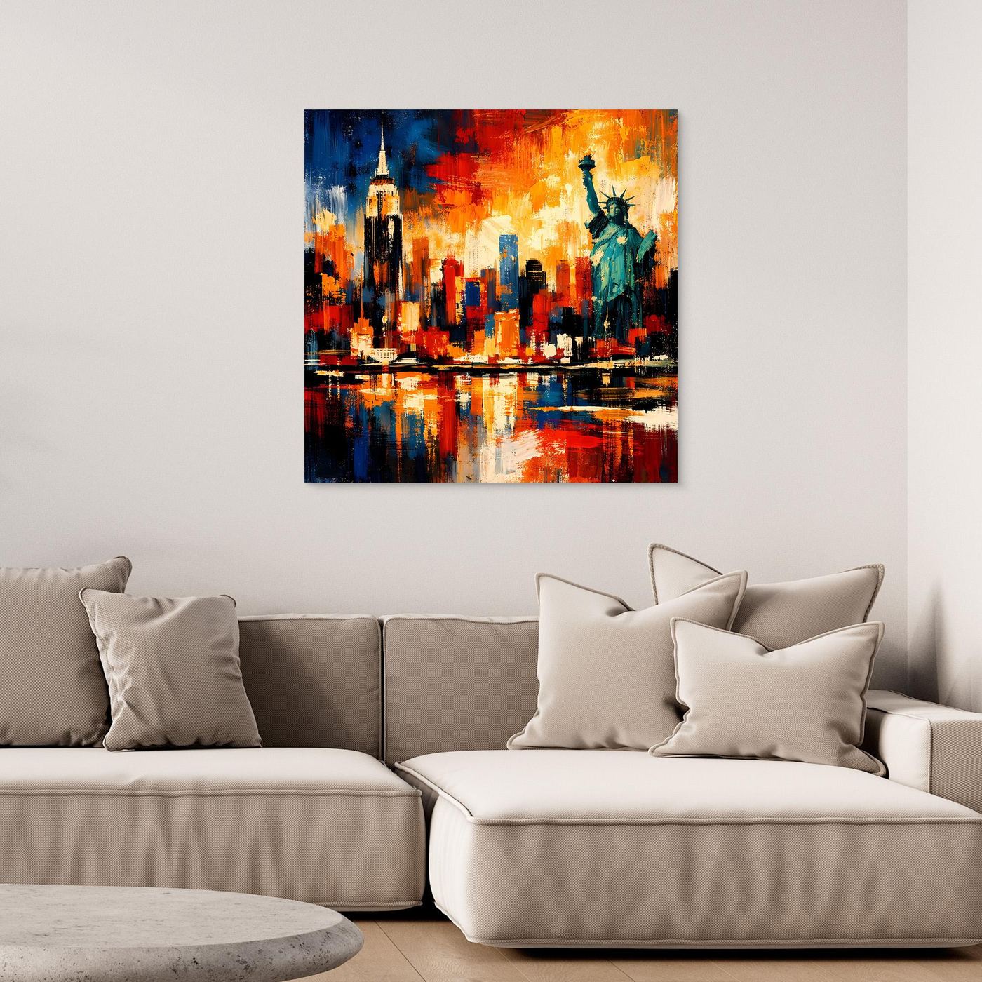 Abstraktes Leinwandbild: New-York-Skyline mit Freiheitsstatue, quadratisch