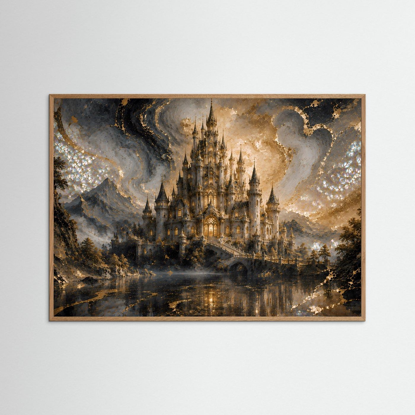 Mystisches Märchenschloss in Gold & Perlmutt | Fantasie Schloss Wandbild