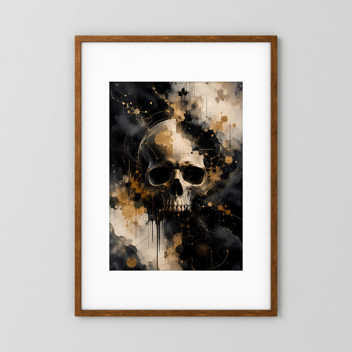 Poster mit abstraktem Totenkopf, schwarz-goldene Spritzer, Holzrahmen, Hochformat