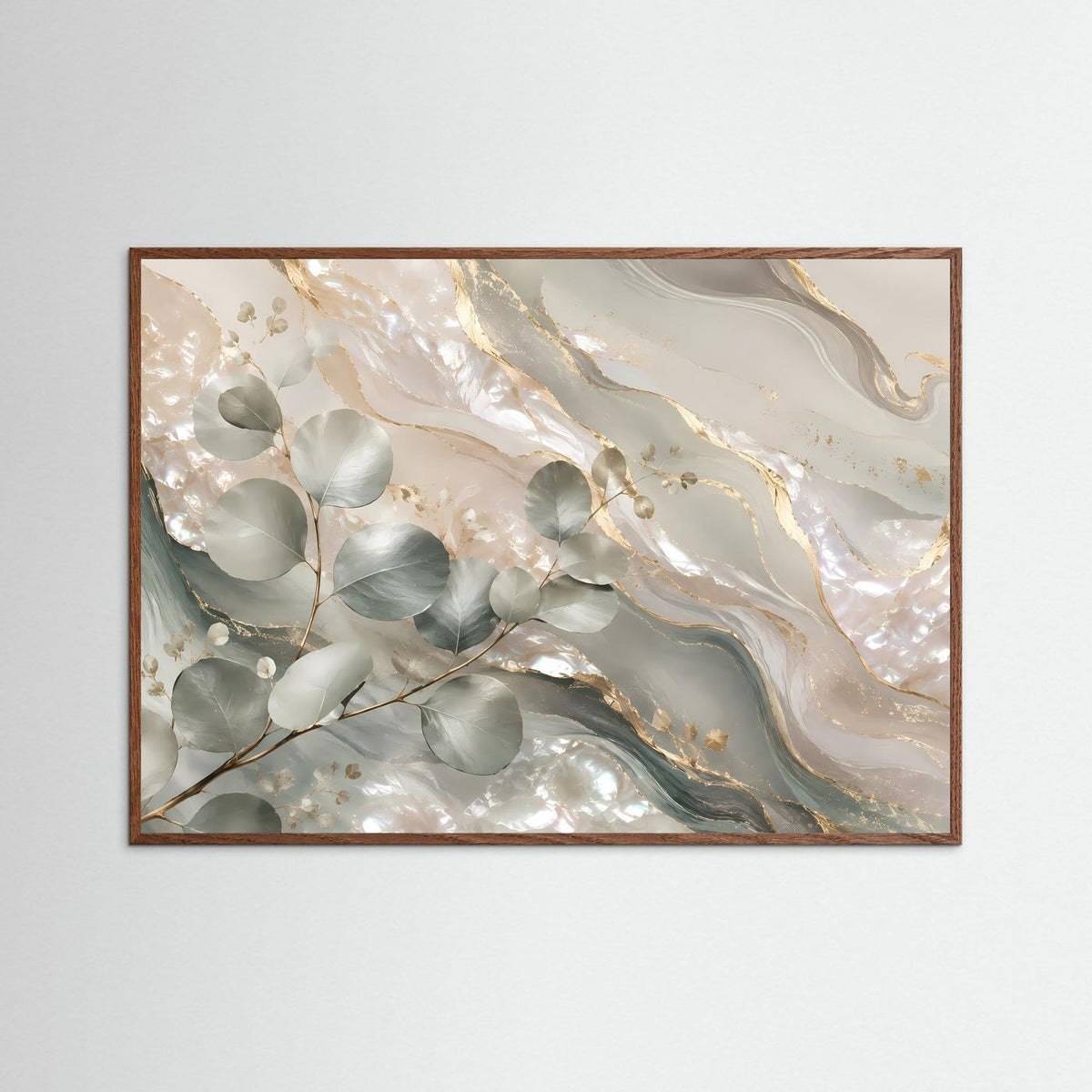 Gerahmtes Poster mit braunem Holzrahmen, Eukalyptus-Botanik in Creme und Salbeigrün