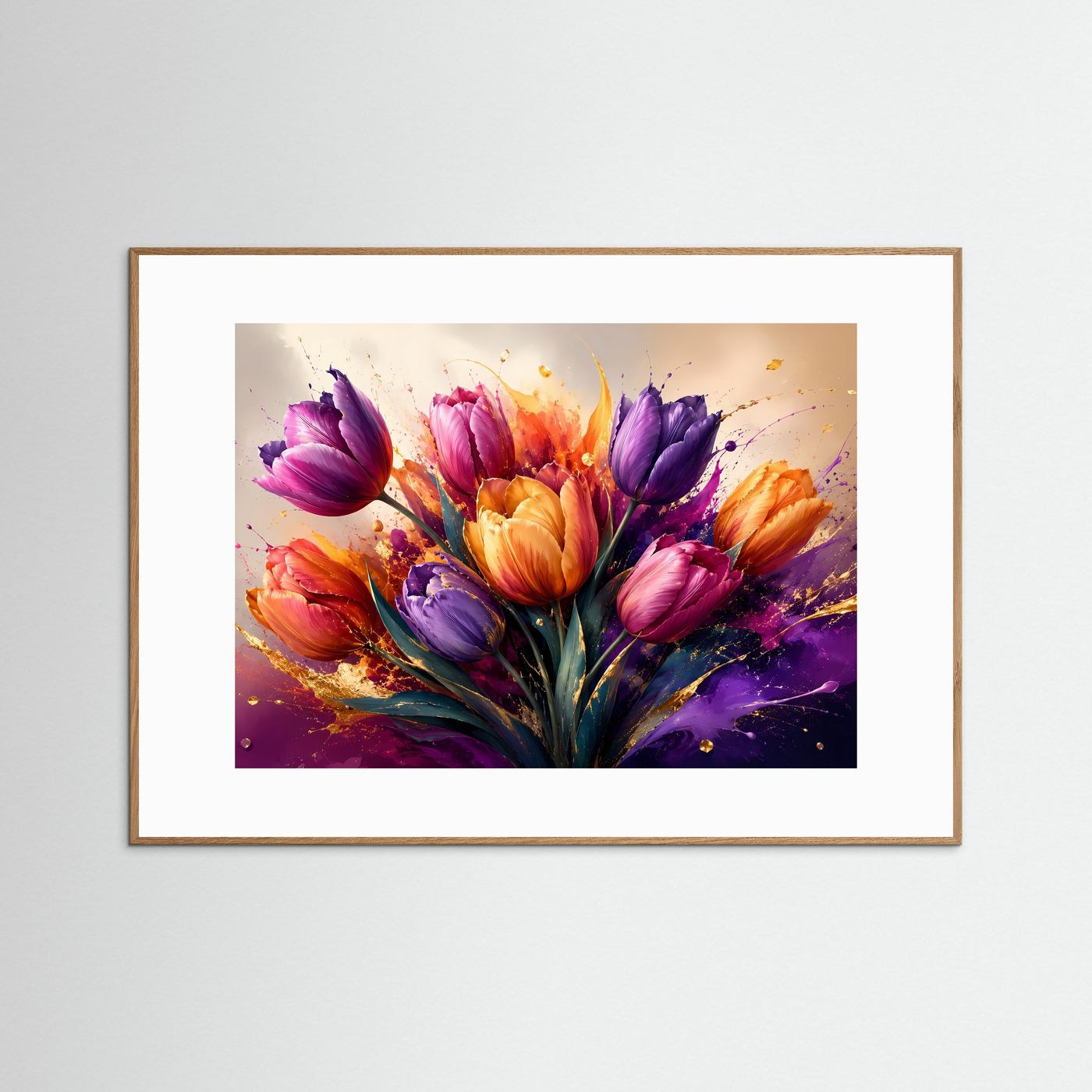 Tulpen Poster | Bunte Blumen Wandkunst | Moderne Abstrakte Tulpen mit Gold | Elegantes Florales Wandbild