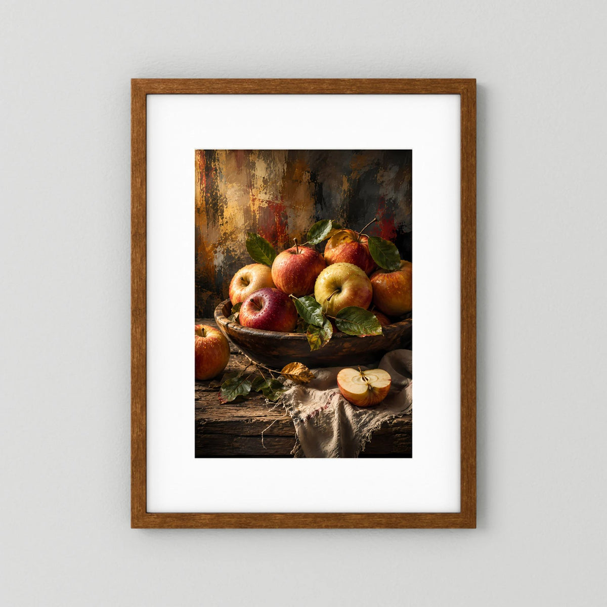 Hochformatiges Apfel-Poster mit roten und gelben Äpfeln in Schale, Holzrahmen mit Weißrand