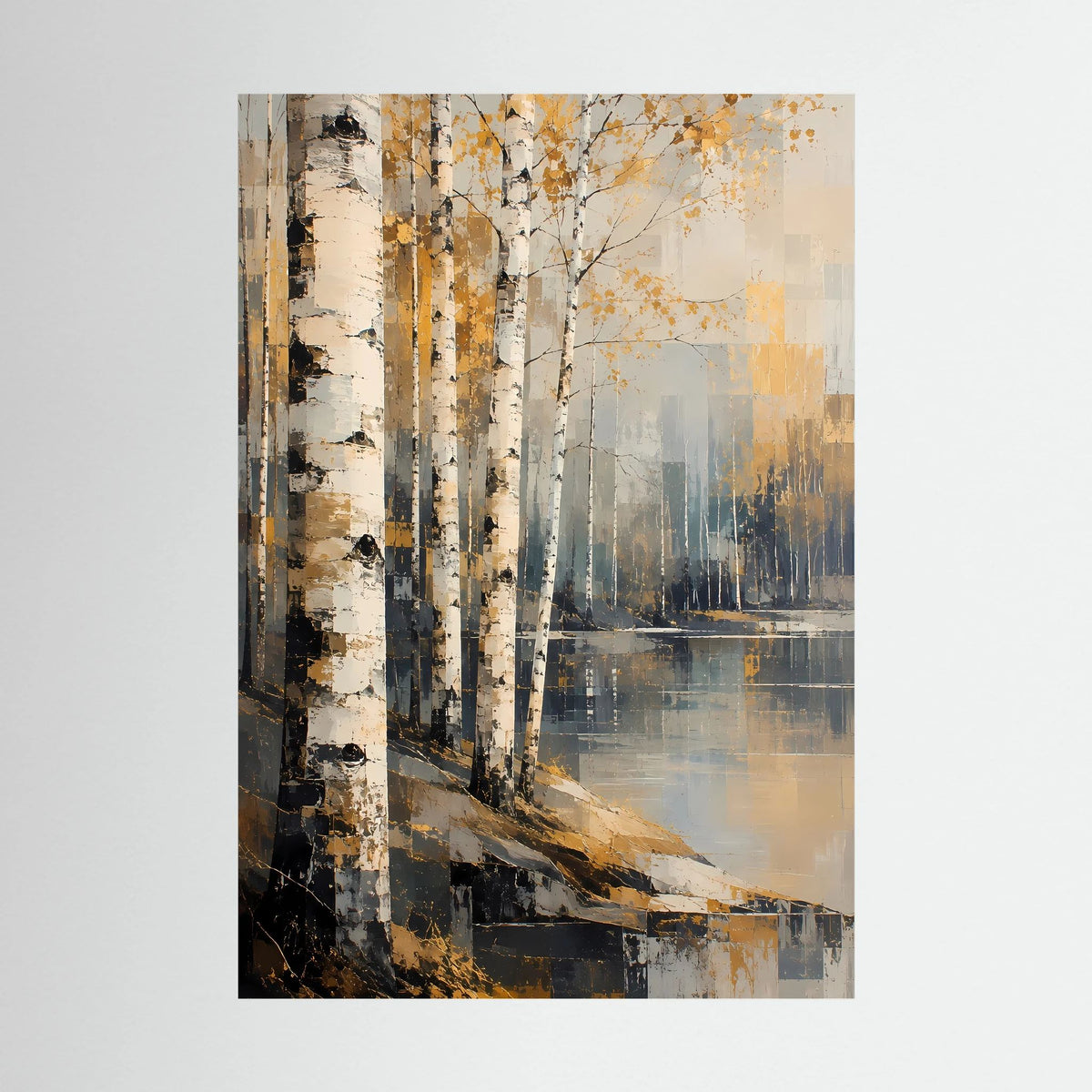 Poster im Hochformat mit abstraktem Birkenwald, goldene und beiger Farben mit Kontrasten