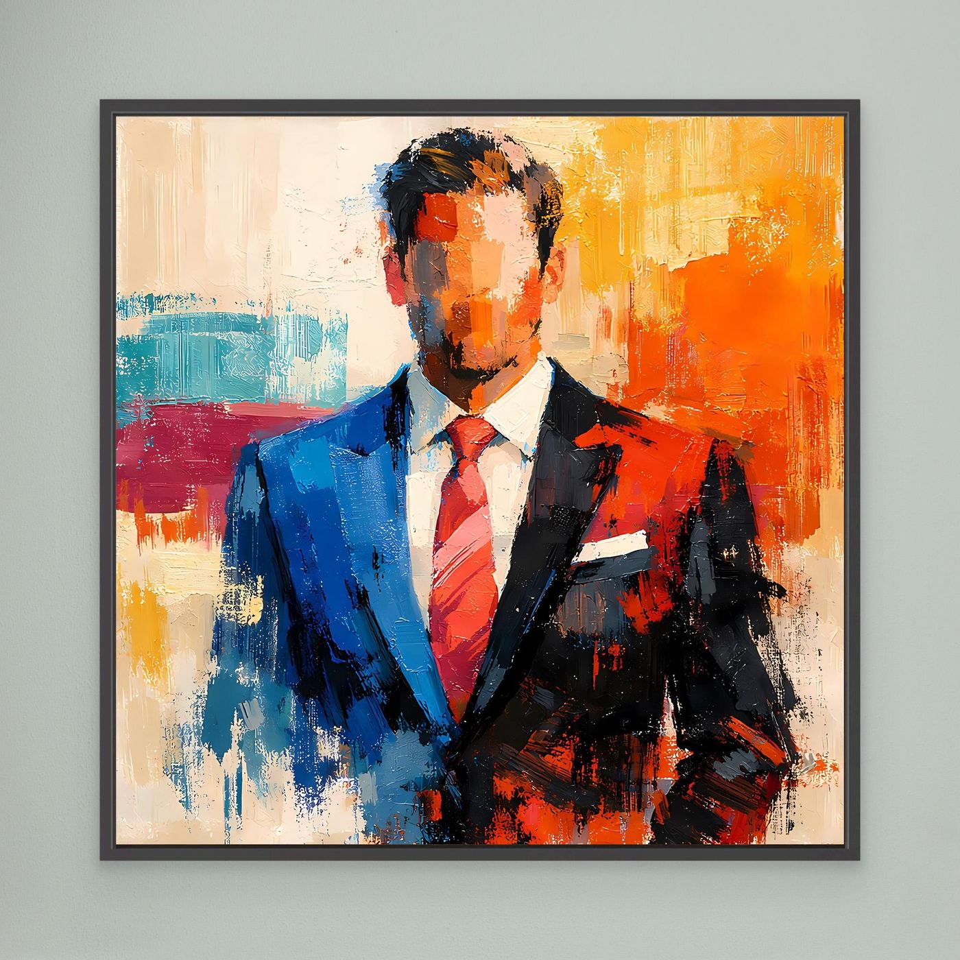 Business wall art print of an elegant man in a blue suit with orange and teal abstract background, black frame.