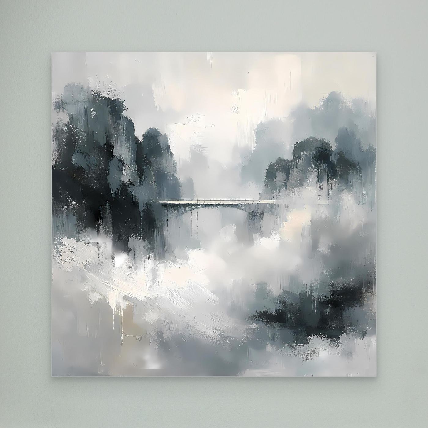 Leinwand Mystische Bergbrücke im Nebel | Abstraktes Natur Wandbild Grau