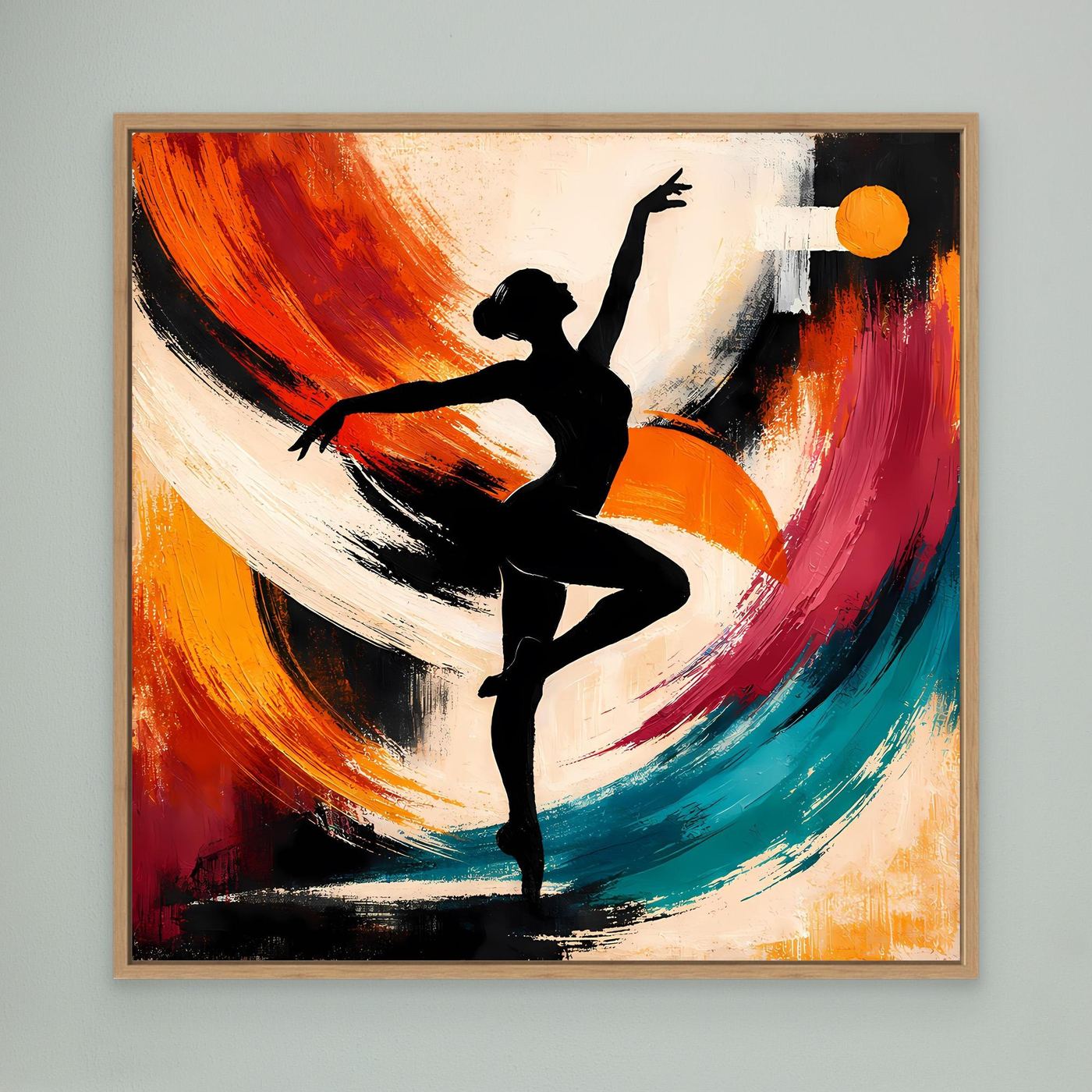 Abstraktes Leinwandbild mit schwarzer Ballerina im Sprung, bunte Pinselwirbel, Eichenrahmen