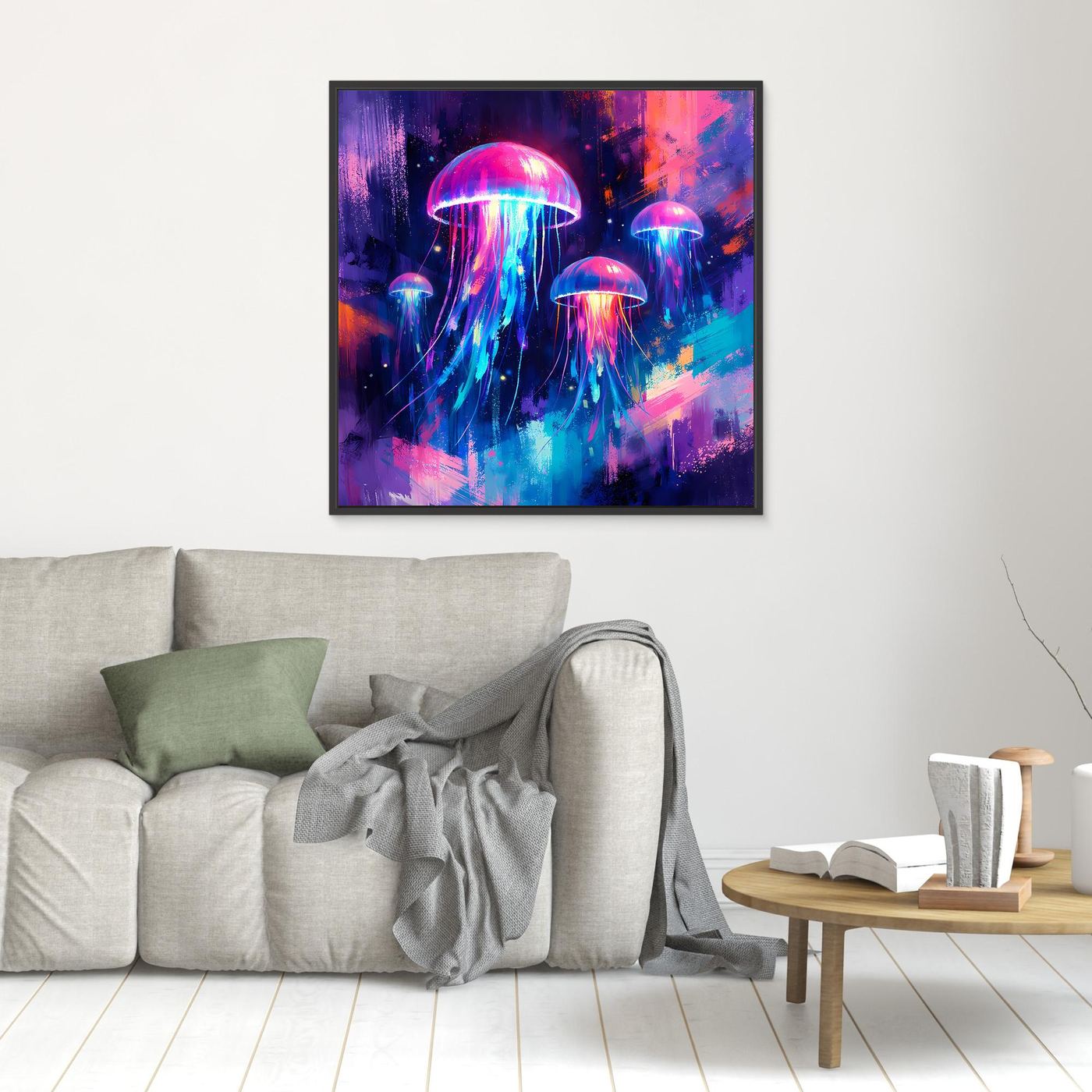 Leinwand Magische Leuchtquallen im Tiefsee-Ozean | Abstraktes Neon Wandbild