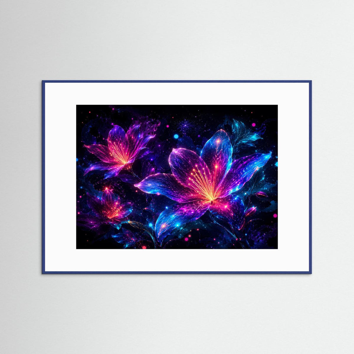 Neon-Blumenbild mit abstrakten Lilien in Pink, Violett und Blau, blau gerahmt