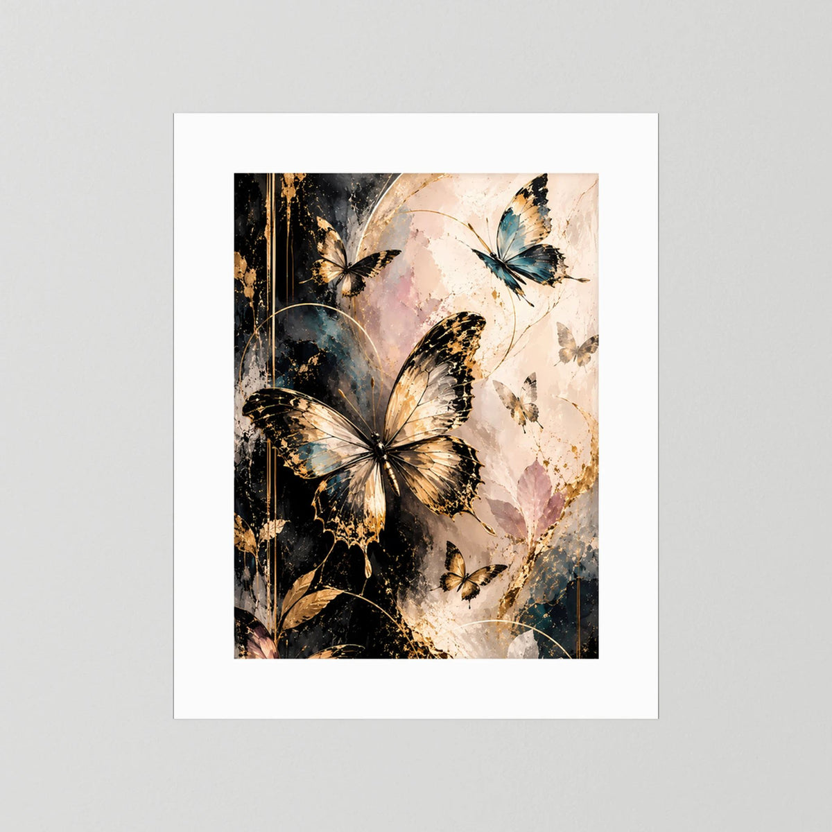 Poster mit Schmetterlingsmotiv in Gold, Schwarz und Blau, mit weißem Rand, ohne Rahmen.