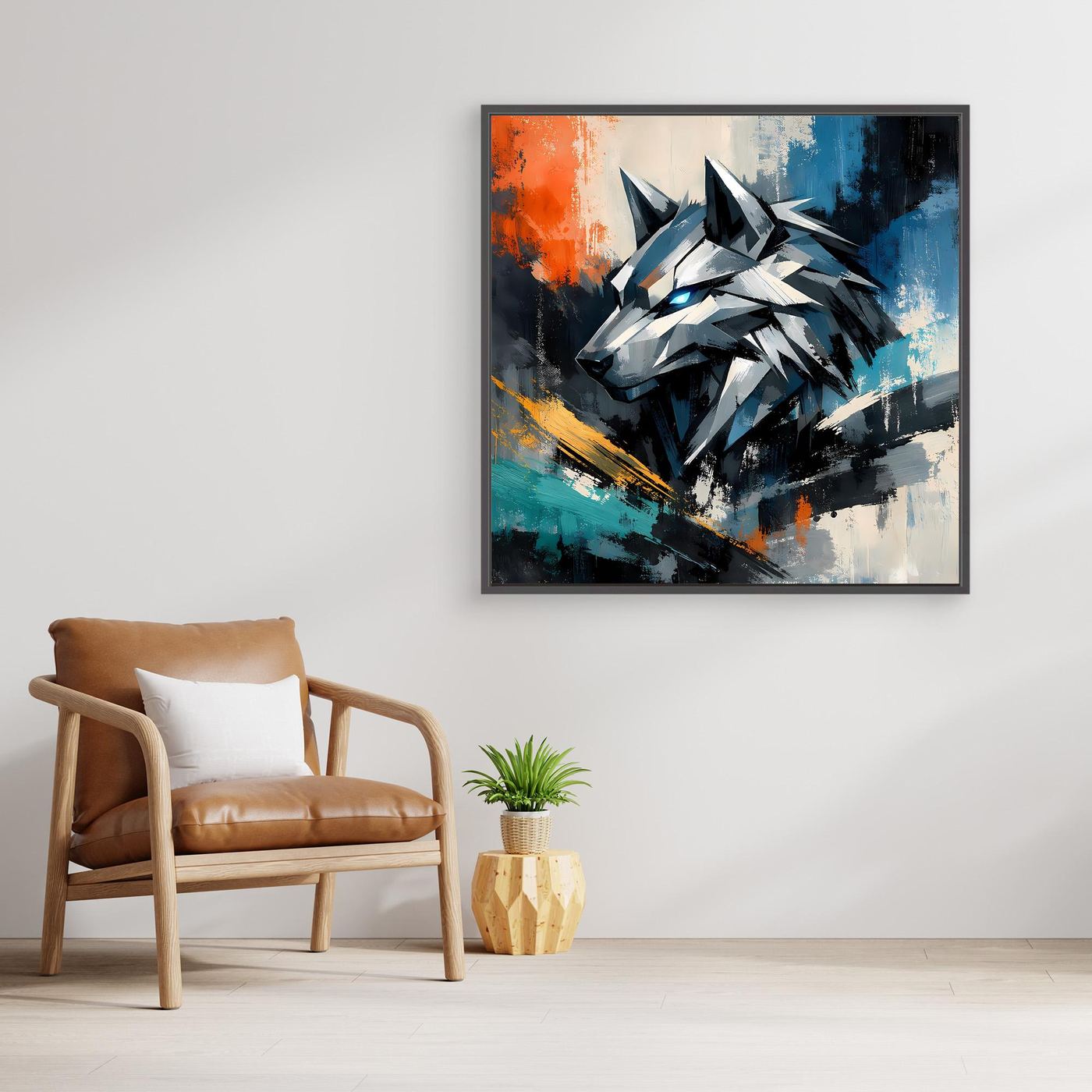 Gerahmtes Leinwandbild mit geometrischem Cyber-Wolf, Mecha-Abstrakt in Blau und Orange