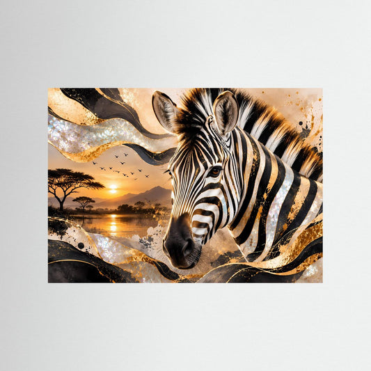 Abstrakte Wandkunst mit Porträt eines Zebras in Schwarz, Weiß, Gold und Perlmutt