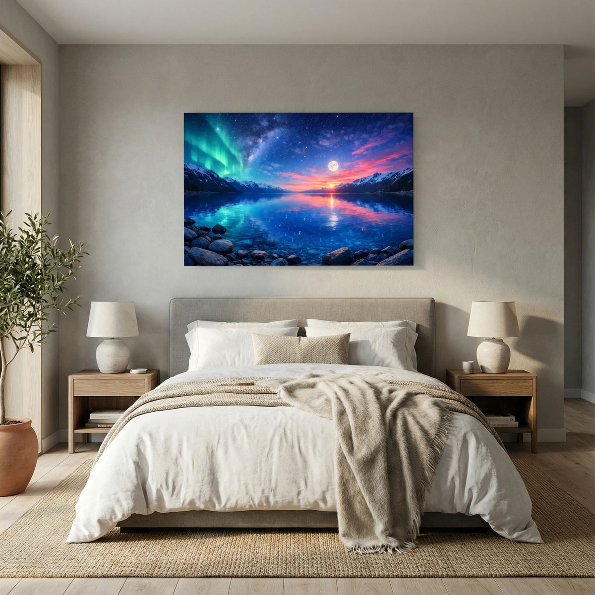 Poster im Querformat mit Polarlicht am Himmel, Mond über See und Steinufer im Vordergrund