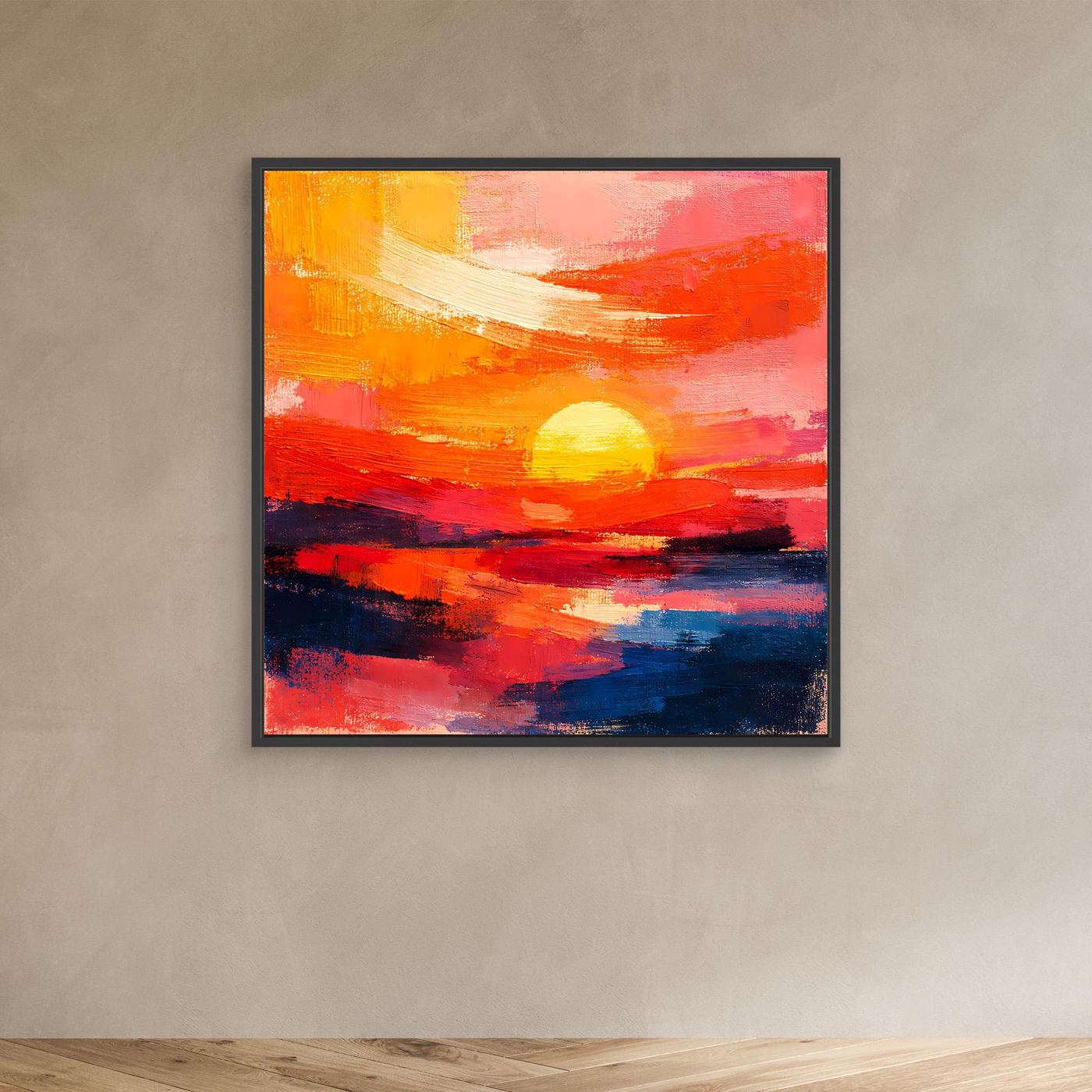 Abstract sunset wall art in a dark frame, showing a glowing sun over layered ocean in red and blue.