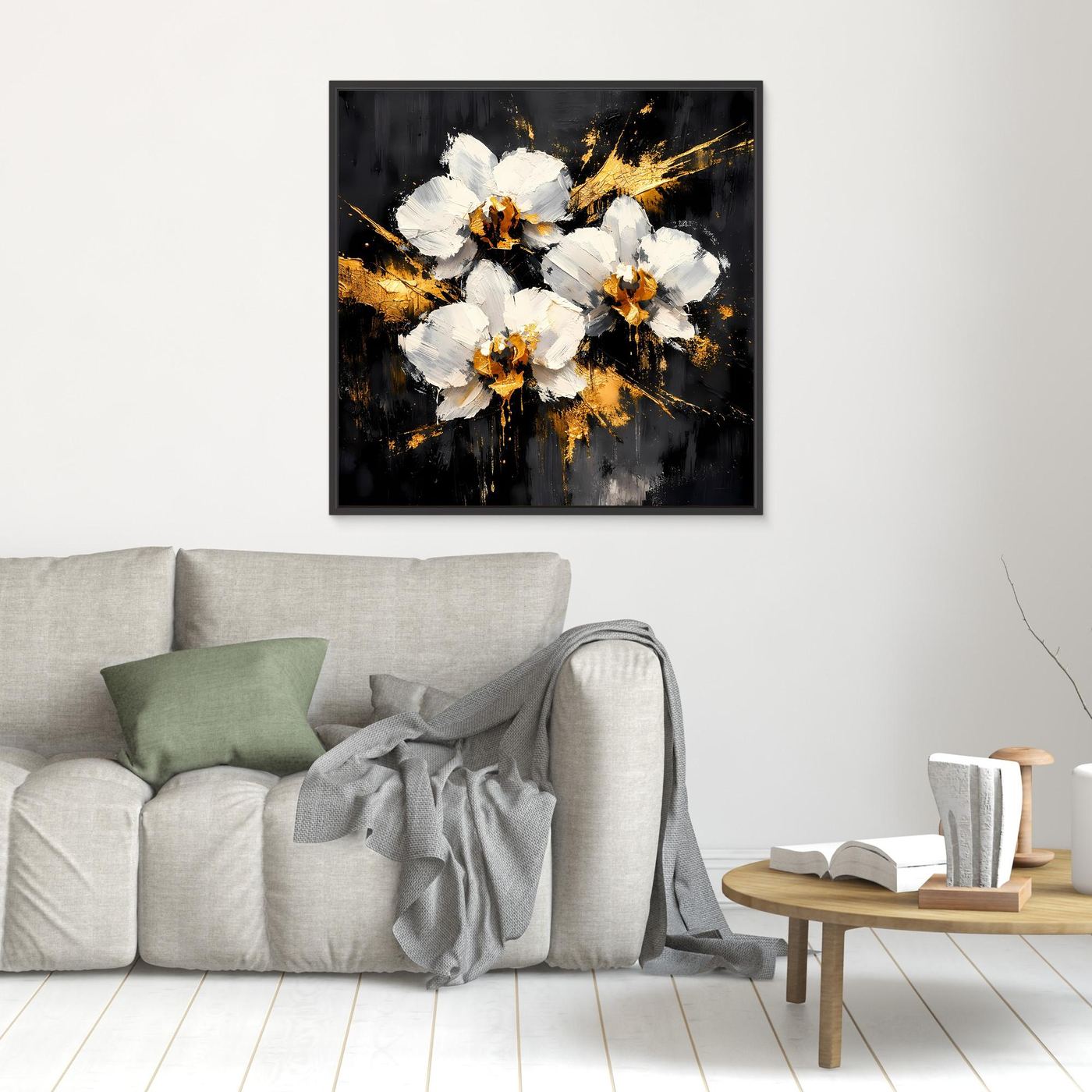 Leinwand Elegante Orchideen in Weiß und Gold | Modernes Abstraktes Blumen Wandbild