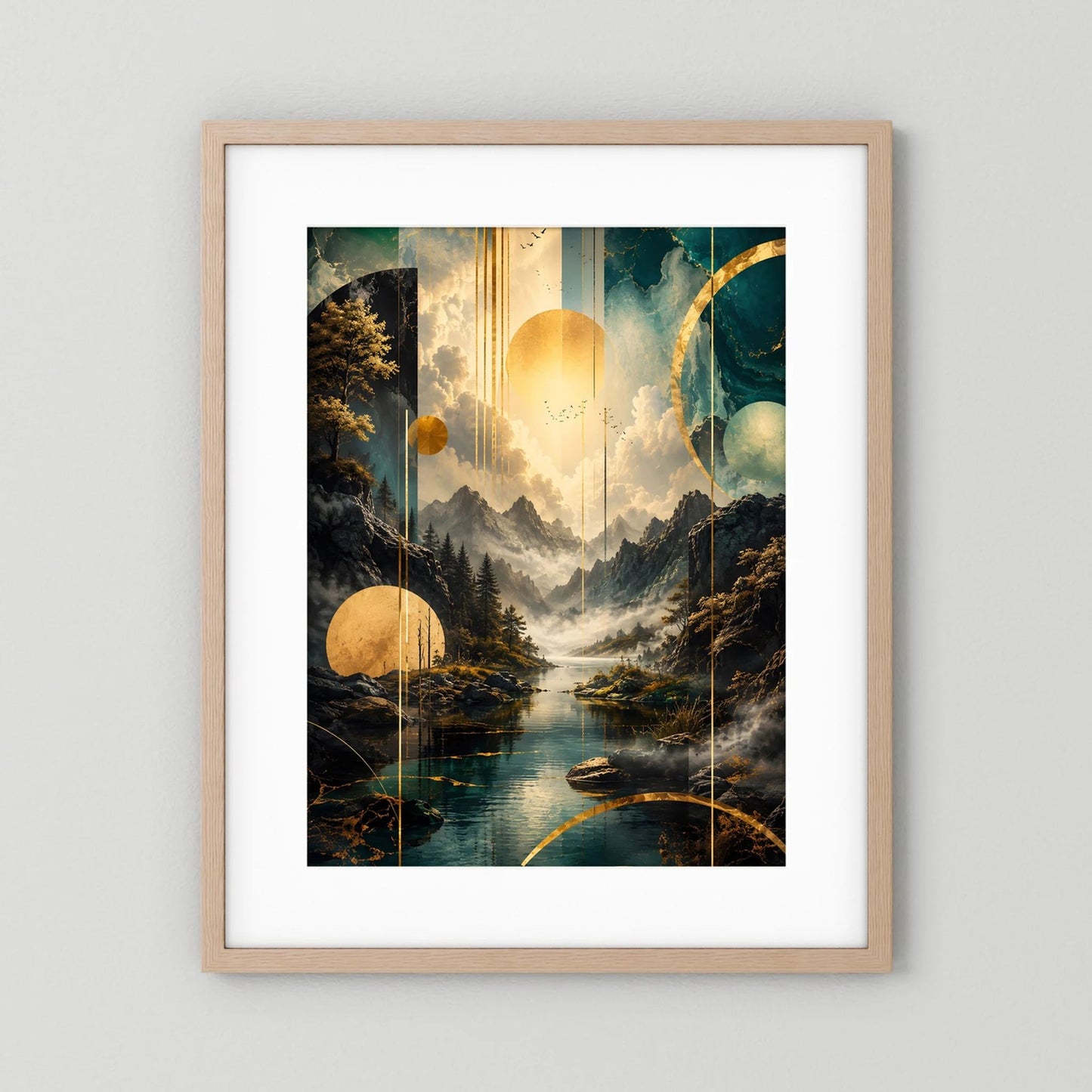 Poster im Hochformat mit beigem Holzrahmen und weißem Passepartout, Petrol & Gold.