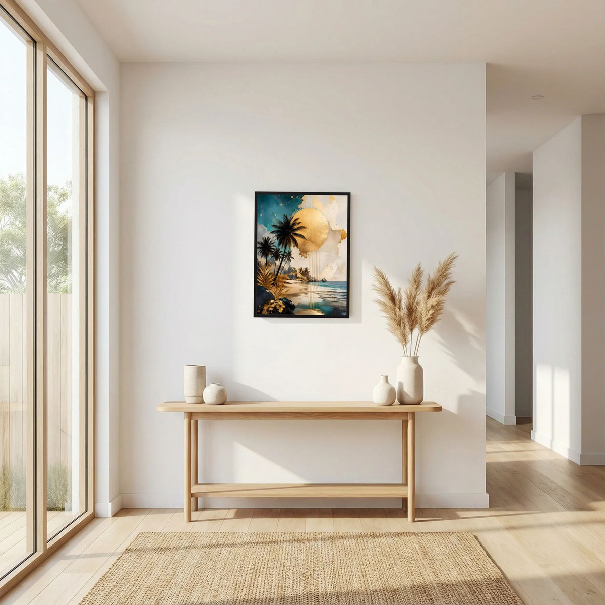 Gerahmtes Poster mit tropischem Strandbild, Palmen und goldener Sonne