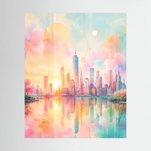 Kunstposter Hochformat mit abstrakter Skyline am Wasser in Pastellrosa, Türkis und Gold