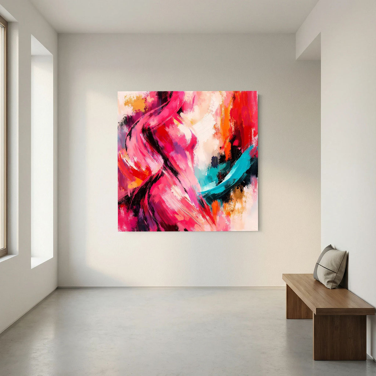 Leinwandbild mit abstrakter weiblicher Silhouette, kräftige Pink- und Türkisstriche