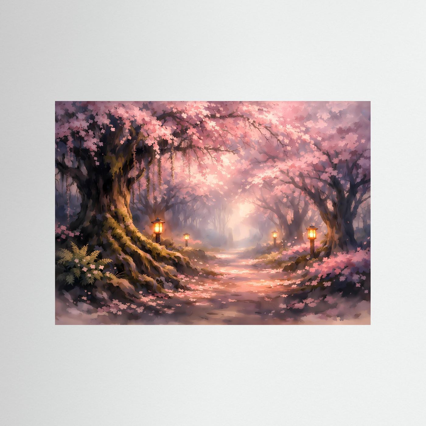 Märchenhafter Kirschblütenweg | Rosa Kirschblüte & Lanternen Poster Querformat