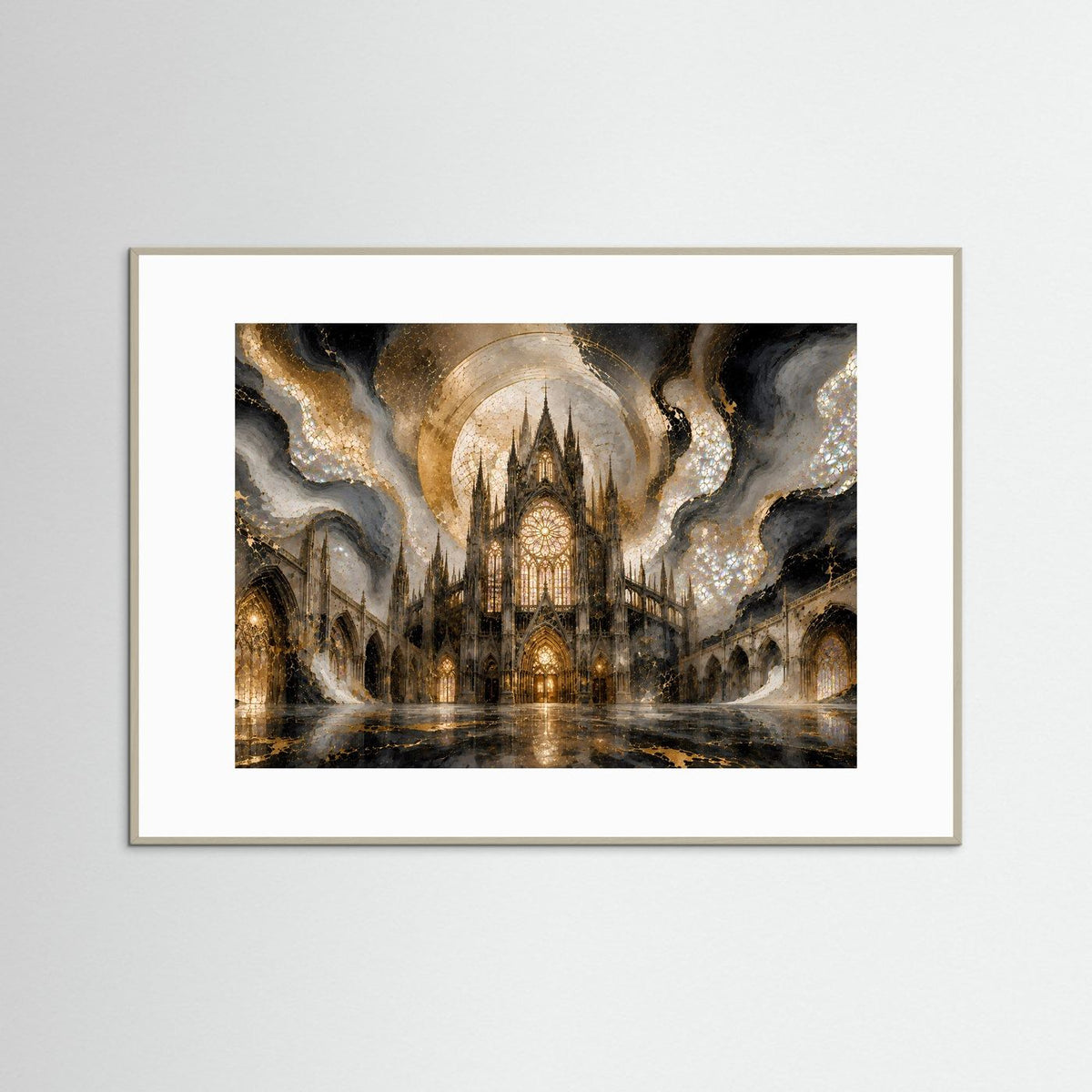 Gerahmter Kunstdruck mit gotischer Kathedrale in Gold- und Perlmuttfarben, grauer Rahmen