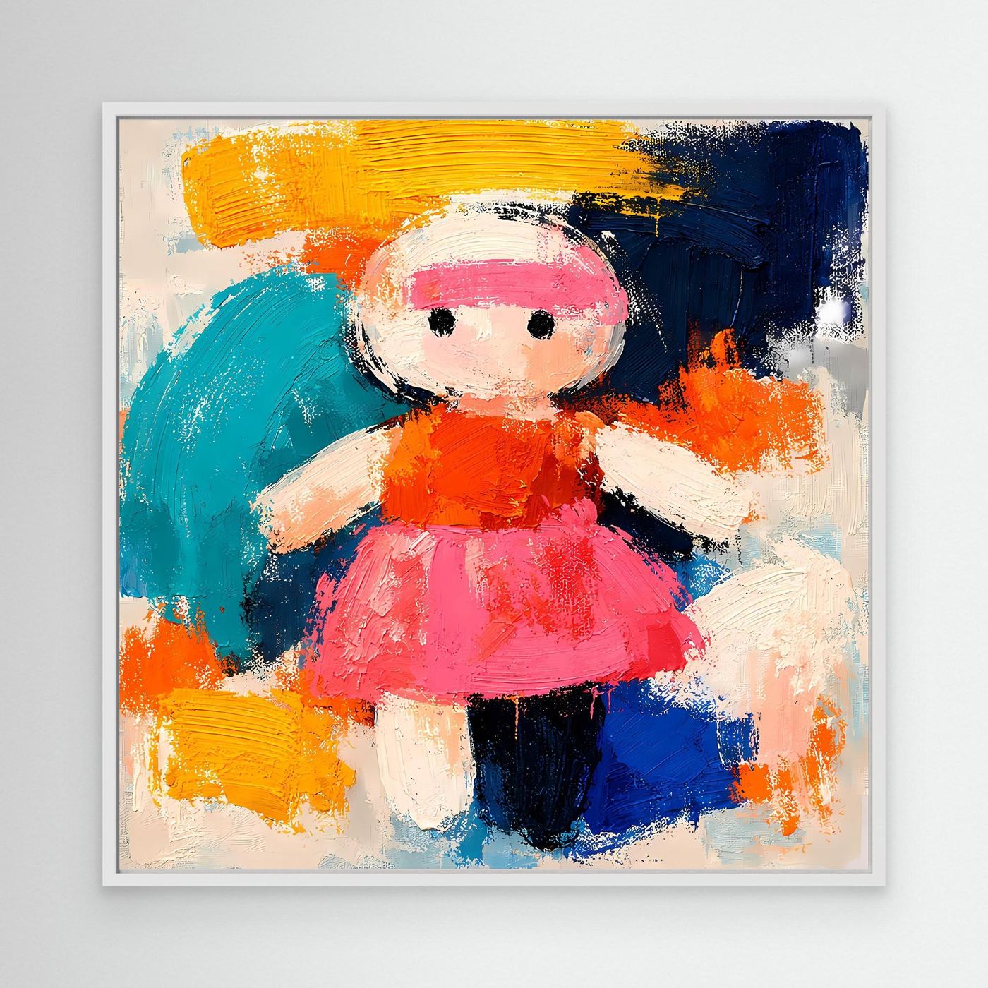 Abstract doll wall canvas with colorful strokes, white frame