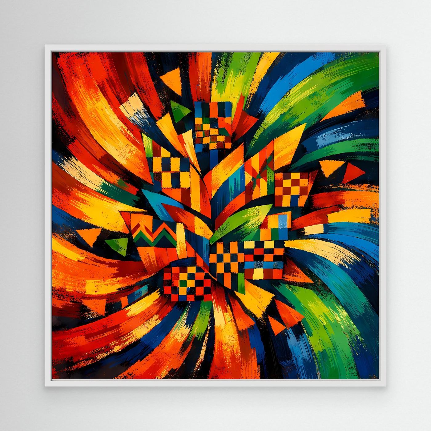 Buntes Leinwandbild mit geometrischen Check-Mustern im Strahlenmotiv, weißer Rahmen