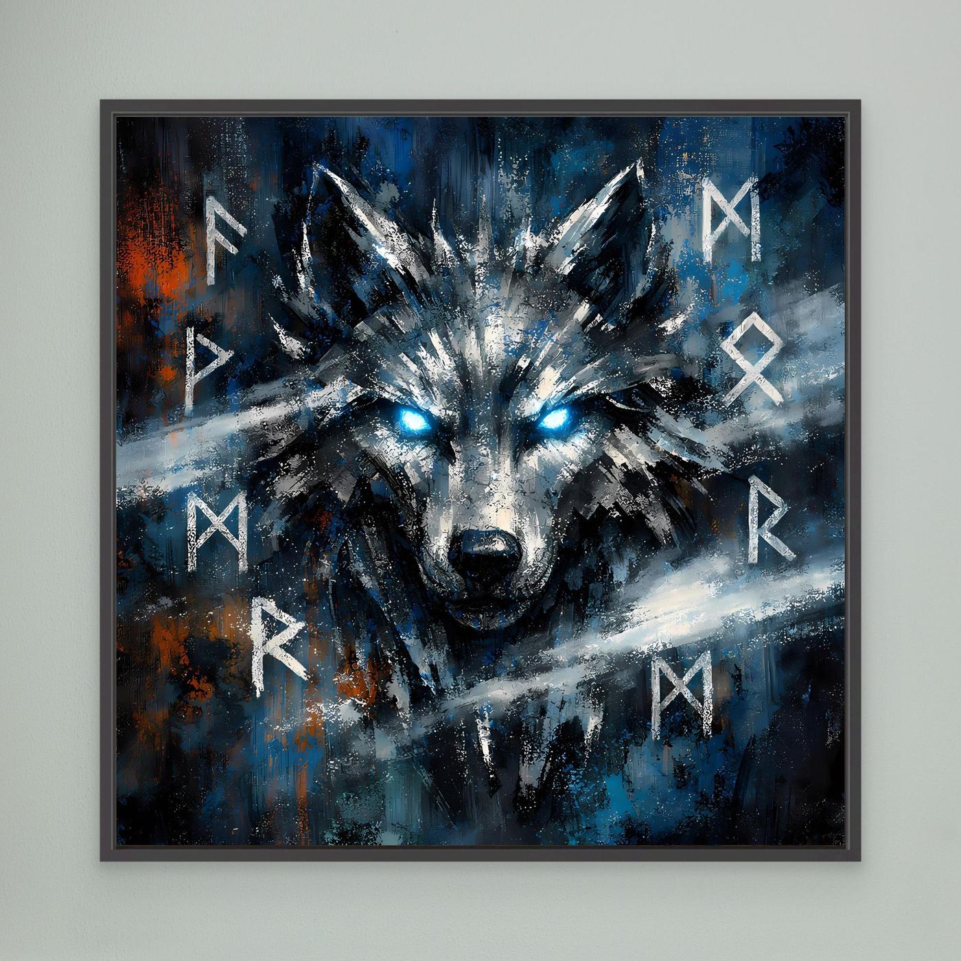 Gerahmtes Leinwandbild mit Wolfkopf in Blau-Schwarz und Runen, schwarzer Rahmen