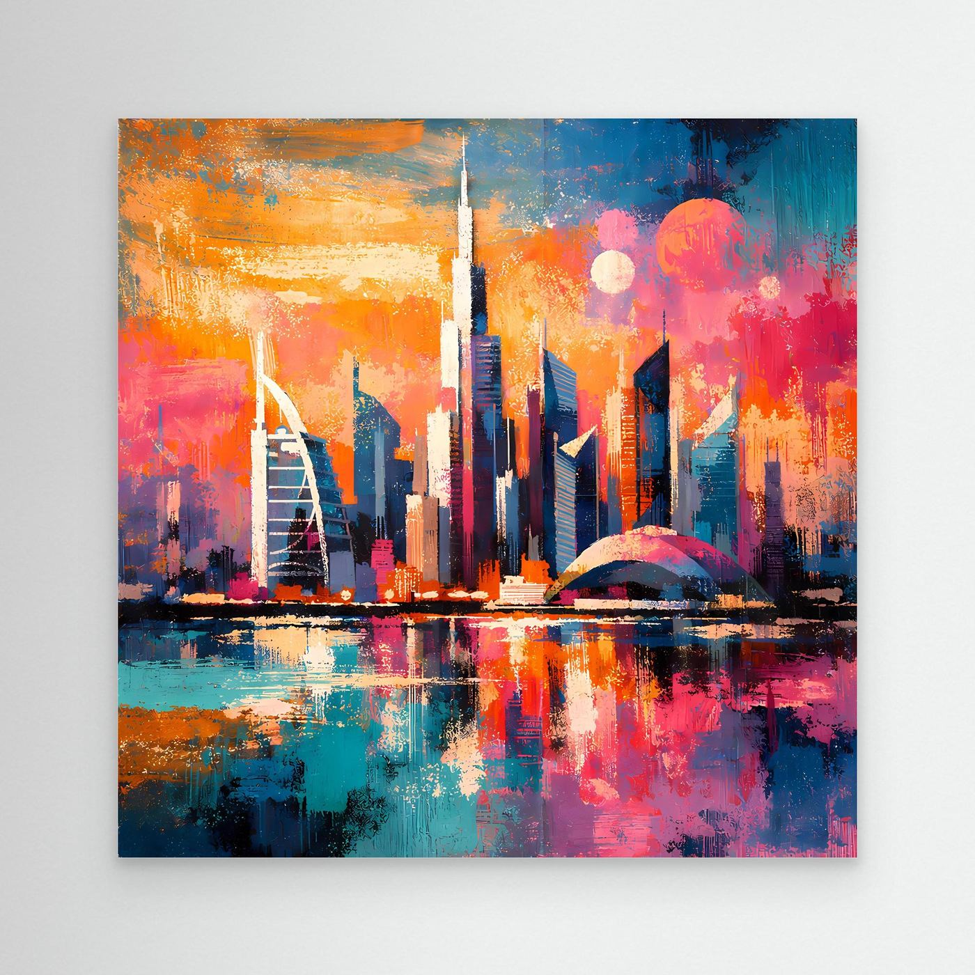 Abstraktes Leinwandbild: bunte Dubai-Skyline bei Nacht mit Wasserreflexion, weißer Rahmen