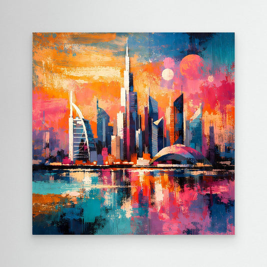 Abstraktes Leinwandbild: bunte Dubai-Skyline bei Nacht mit Wasserreflexion, weißer Rahmen