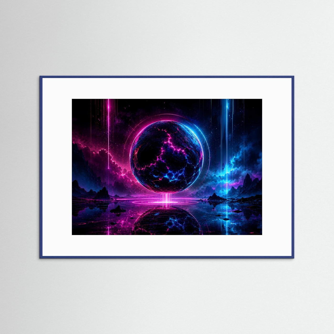 Neon Sphäre Poster Querformat | Futuristische Kosmische Wandkunst in Pink & Blau | Sci-Fi Wandbild Modern