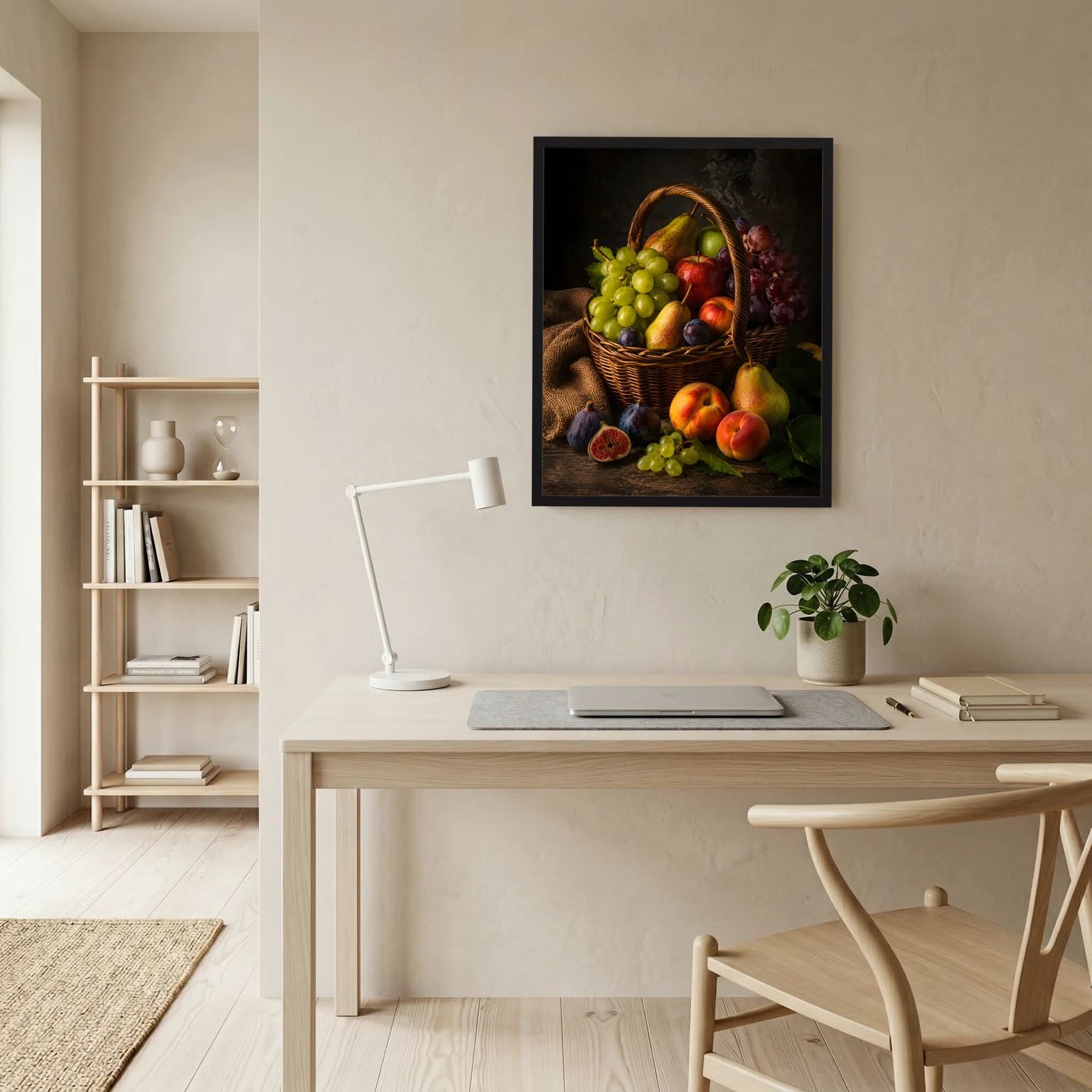 Obstkorb-Poster im schwarzen Rahmen: Trauben, Äpfel und Birnen im Weidenkorb.