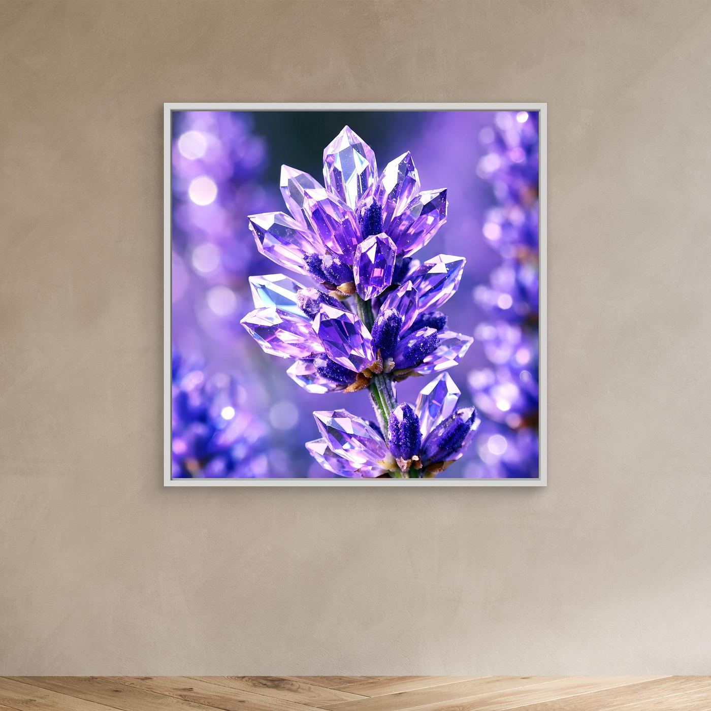 Leinwandbild mit abstrakter Kristallblume in Lavendel und Violett, weißer Rahmen