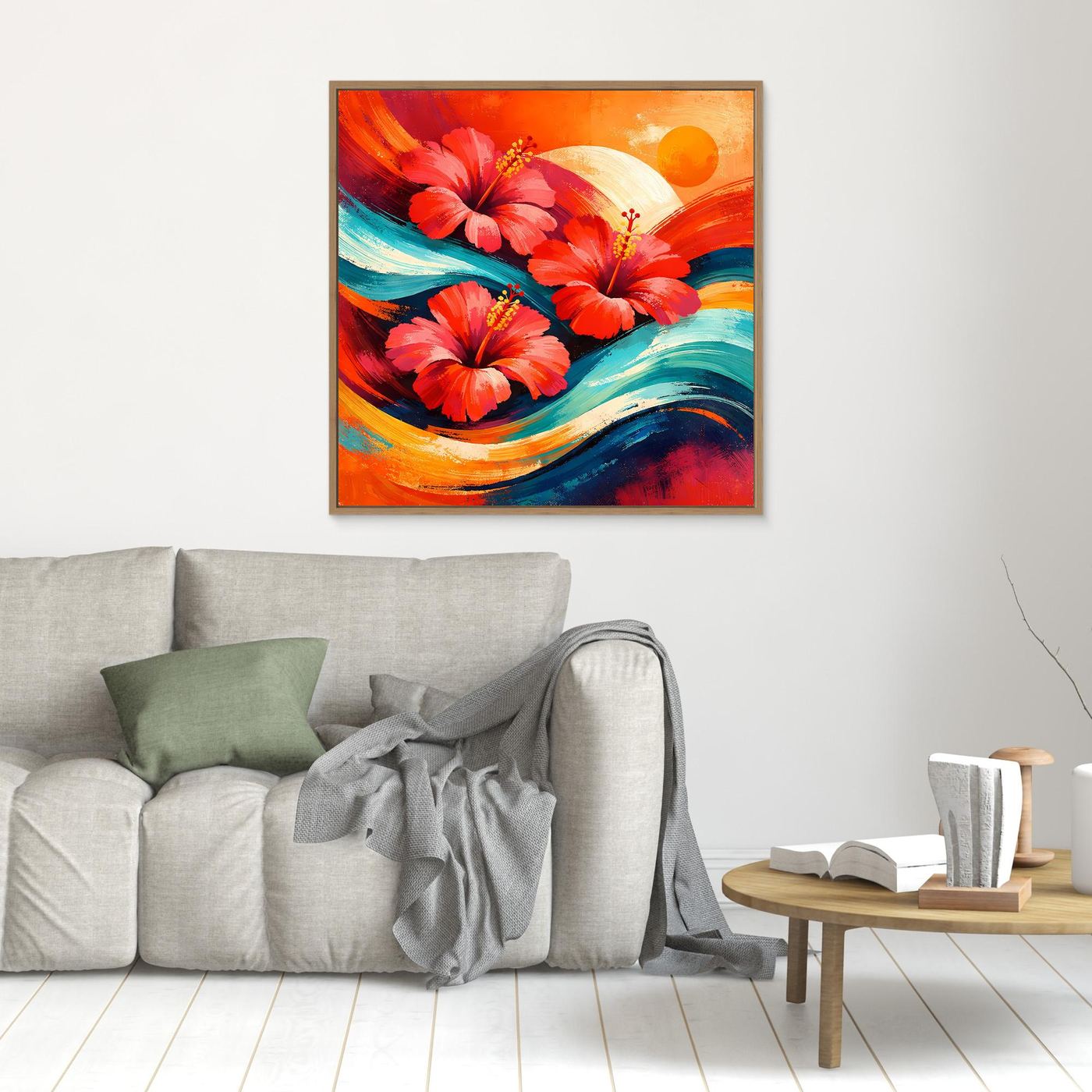 Kleines Leinwandbild mit tropischen Hibiskusblüten in Rot und Türkis, braun gold gerahmt