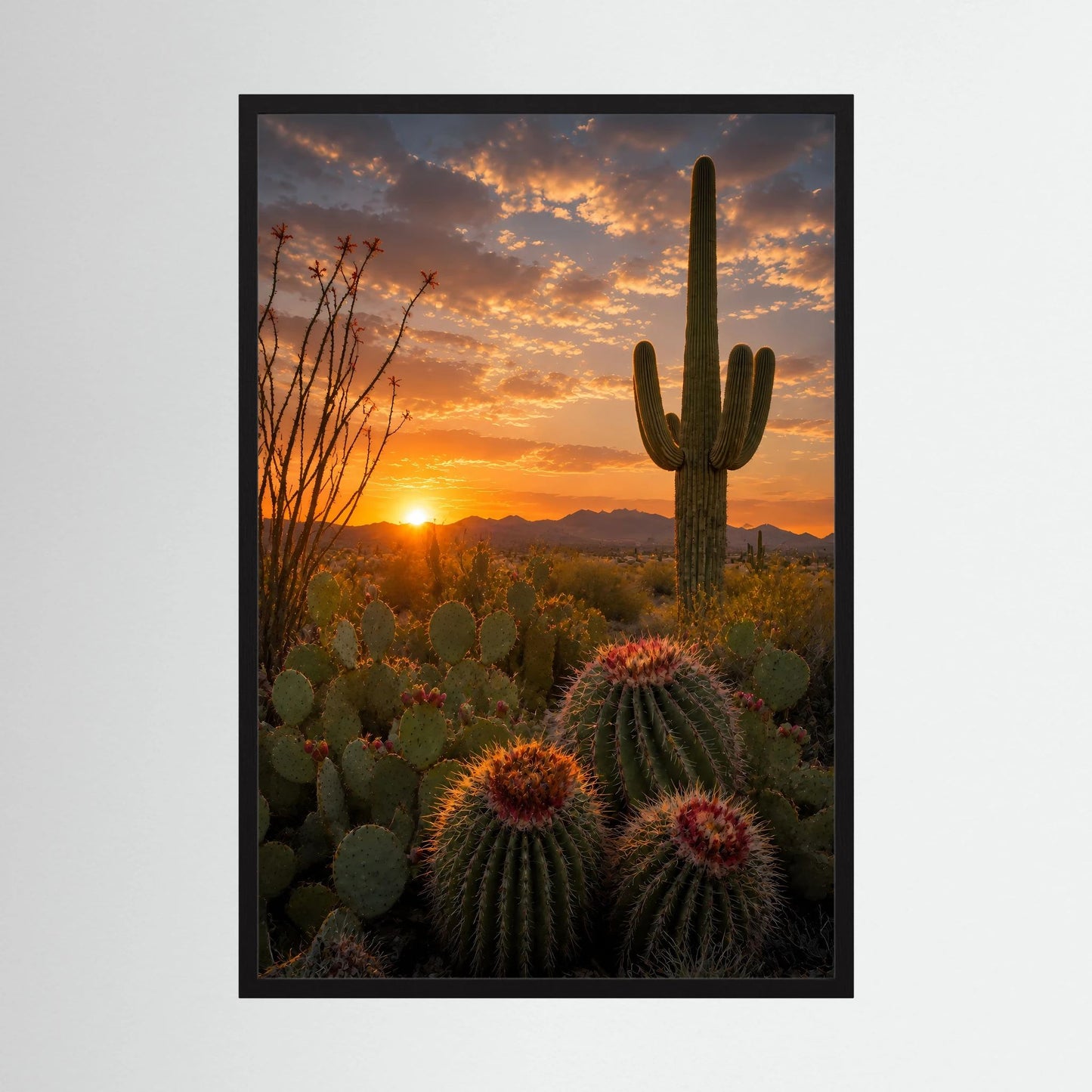 Poster im Hochformat mit schwarzem Rahmen, Wüstenlandschaft mit Kakteen im warmen Abendhimmel.