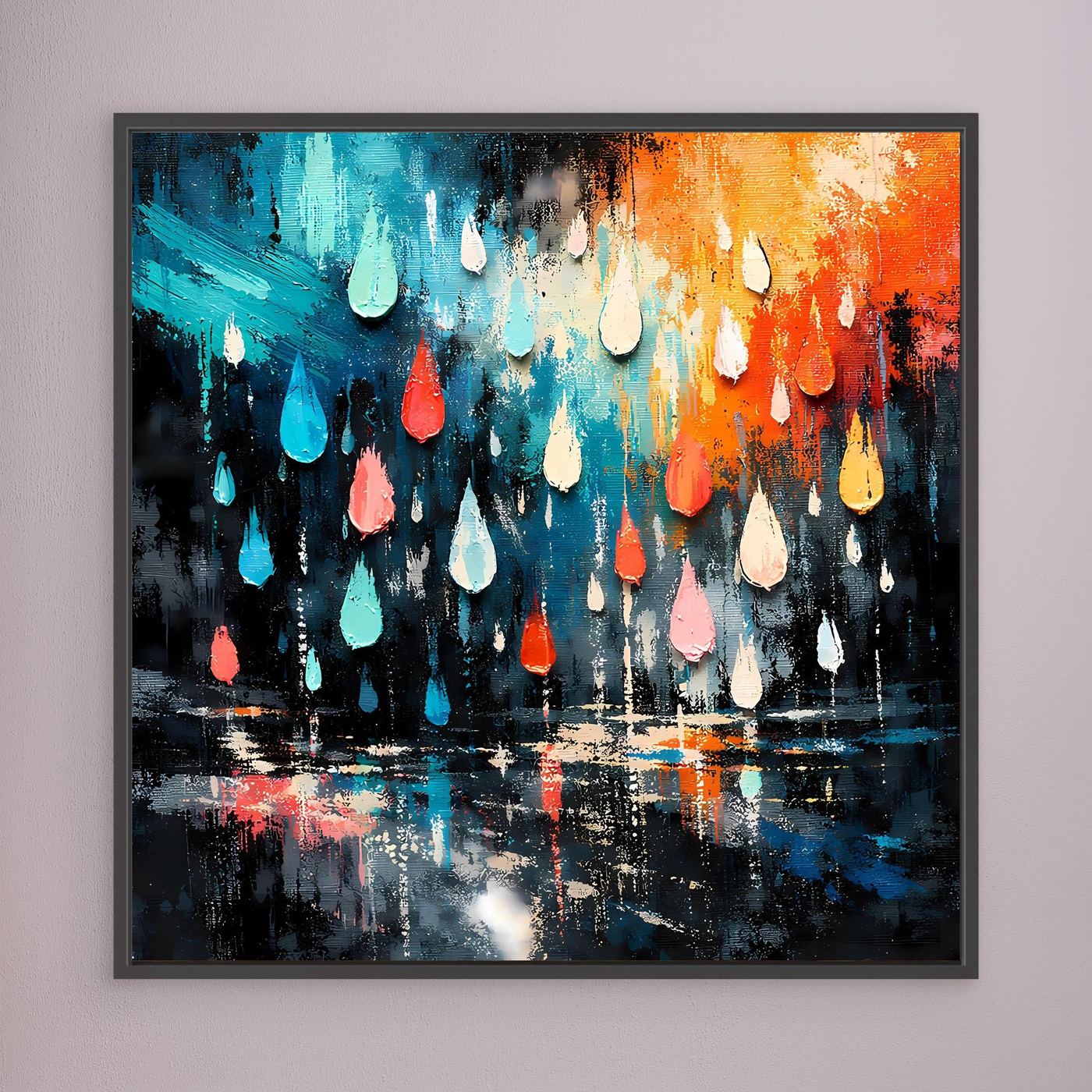 Abstraktes Wandbild mit Regentropfen in Blau und Orange, dunkel gerahmt